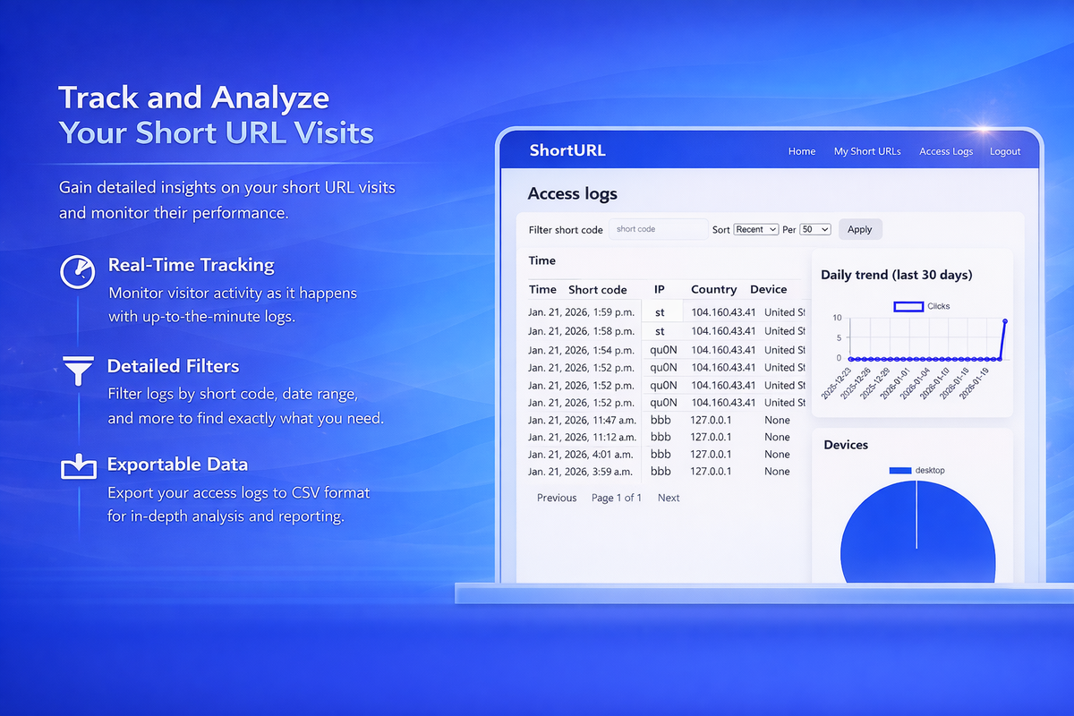 ShortURL Platform with QR Codes, Click Stats and CSV Export (Python, Django)